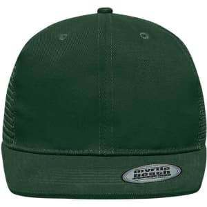 A green 6 panel flat peak cap with a structured brim and a logo on the front.