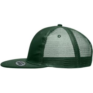 A green 6-panel flat peak cap featuring a mesh back and a branded label.