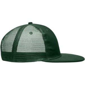 A green 6 panel flat peak cap featuring a mesh back and a solid front panel, with a logo on the side.