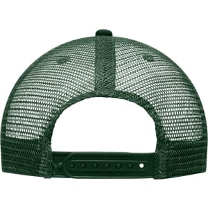 A green 6 panel flat peak cap featuring a mesh back and an adjustable strap. The cap has a logo on it.