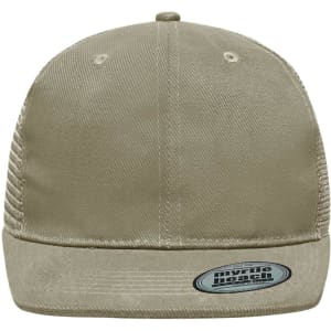A khaki 6 panel flat peak cap with a textured design and a logo on the front.