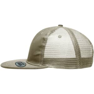 A khaki 6 panel flat peak cap featuring a mesh back and a circular logo on the side.