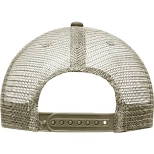 A khaki 6 panel flat peak cap featuring a mesh back and an adjustable strap. The cap has a logo on it.