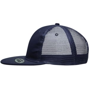 A navy blue 6 panel flat peak cap with a mesh back and a logo.