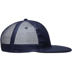 A navy blue 6 panel flat peak cap with a mesh back and a branded logo.