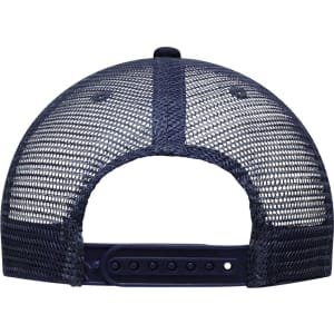 A navy blue 6 panel flat peak cap featuring a mesh back and an adjustable strap. It includes a logo on the side.