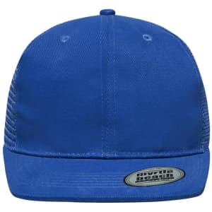 A blue 6 Panel Flat Peak Cap featuring a logo on the front and a structured design.