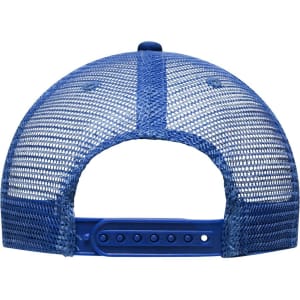A blue 6-panel flat peak cap featuring a mesh back and an adjustable strap. It includes a branding logo.