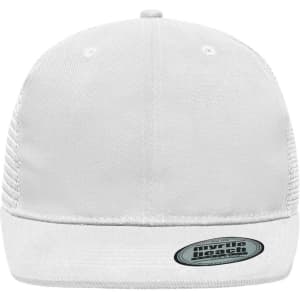 A white 6-panel flat peak cap with a branded logo on the front and a mesh back.