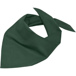 A triangular scarf in deep green, featuring a smooth fabric and a simple design. It has a logo on one side.