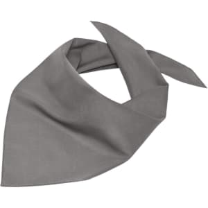 A grey triangular scarf with a smooth texture and a simplified design. It features a logo.