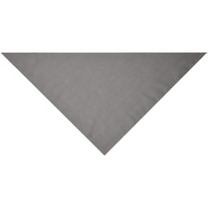 A triangular scarf in a solid grey colour, showcasing a smooth texture. It features a logo.