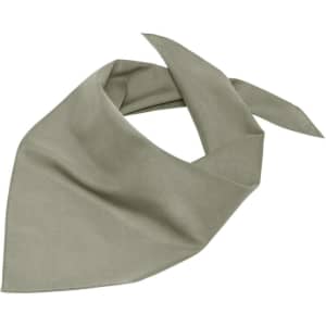 A triangular scarf in a soft sage green colour, featuring a simple design and a logo.