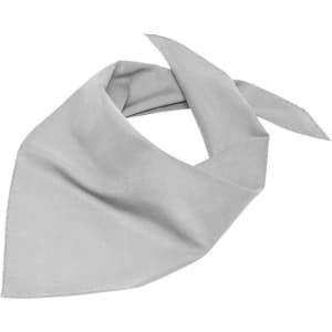 A triangular scarf in a light grey colour, featuring a simple design and tied at the ends.