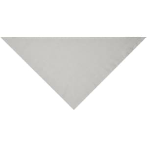 A triangular scarf in a solid grey colour, featuring a simple design with no patterns. It has a logo on one side.