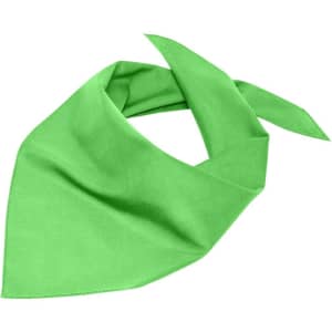 A triangular scarf in vibrant green, featuring a smooth fabric and a simple design. It has a branding logo.