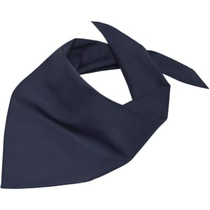 A triangular scarf in navy blue, featuring a simple design and a smooth fabric texture. It has a logo on it.