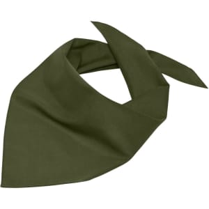 A triangular scarf in a deep olive green colour, featuring a simple design and one logo.