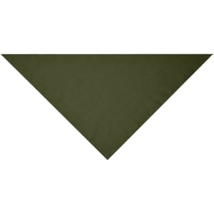 A triangular scarf in a solid olive green colour, featuring a simple design and a branding logo.