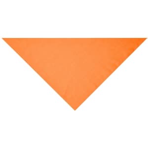 An orange triangular scarf with a smooth texture, featuring a simple design and a logo.