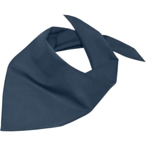 A triangular scarf in a deep navy blue colour, featuring a simple design and a logo in one corner.