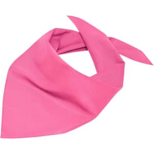 A pink triangular scarf with a tied design, featured in a vibrant hue. The scarf has a simple branding.