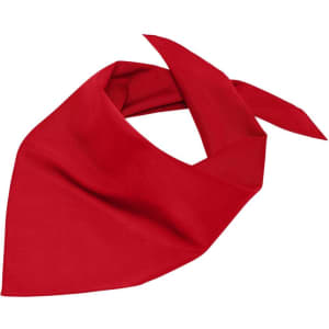 A triangular scarf in vibrant red, featuring a simple design and a branding logo.