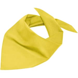 A triangular scarf in vibrant yellow, featuring a simple design and a soft fabric texture. It has a logo.