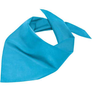 A triangular scarf in a bright turquoise colour, featuring a smooth fabric and a simple design. It has a logo present.