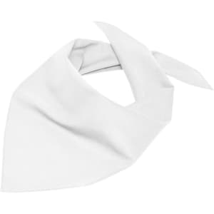 A triangular white scarf with a soft fabric and an attached tie for secure wear. Features a logo.