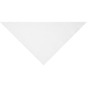 A triangular scarf in white, showcasing a simple design. It features a logo in one corner.