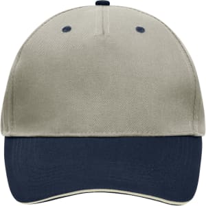 A 5 panel sandwich cap in beige with a navy blue peak, featuring a logo on the front.