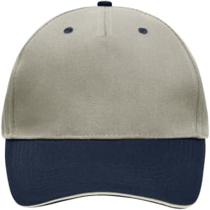 A 5-panel sandwich cap in beige and navy, featuring a structured design and a logo on the front.