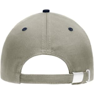 A beige 5 Panel Sandwich Cap featuring a dark blue peak, with a rear adjustable strap and a logo.