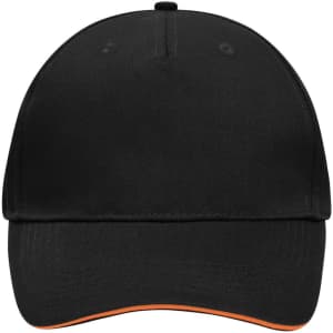 A black 5 panel sandwich cap with an orange underbrim and a branding logo on the front.