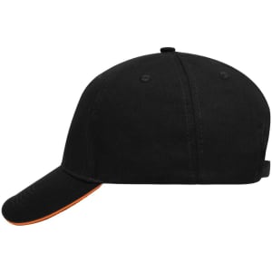 A black 5-panel sandwich cap with an orange trim and a logo on the side.