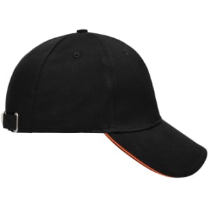 A black 5 panel sandwich cap with an orange trim and an adjustable strap at the back, featuring a logo.