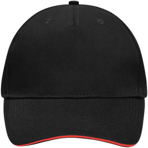 A black 5 Panel Sandwich Cap featuring a contrasting red underside, with a logo present on the front.