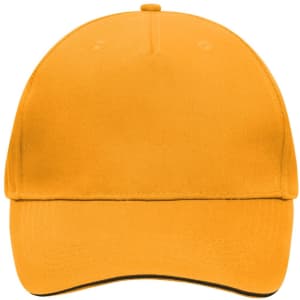 A bright yellow 5-panel sandwich cap with a curved brim and a logo on the front.