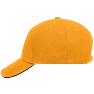 An orange 5 panel sandwich cap featuring a curved brim and a vented design with a logo.