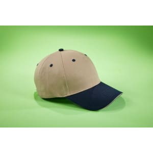 A beige and navy 5 Panel Sandwich Cap with a curved brim and a logo on the front.
