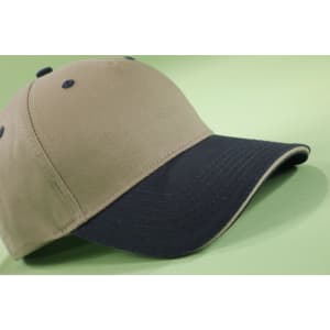 A 5-panel sandwich cap in khaki and navy, featuring a curved brim and a logo on the front.