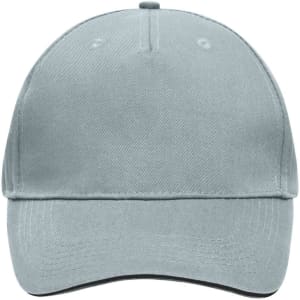 A grey 5 panel sandwich cap with a curved brim and a logo on the front.