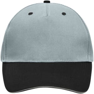 A grey and black 5 Panel Sandwich Cap featuring a rounded crown and a curved brim, with a logo on the front.