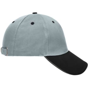 A grey 5 panel sandwich cap with a black peak and an adjustable strap at the back. It features a logo.