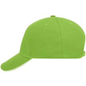 A vibrant green 5 panel sandwich cap featuring a curved brim and a rear adjustable strap. It has a logo on it.