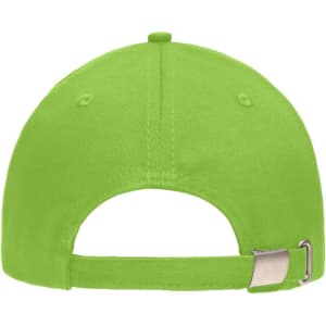 A bright green 5 Panel Sandwich Cap featuring a metal adjustable strap at the back and a logo.
