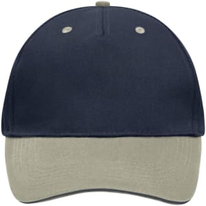 A navy blue and khaki 5 Panel Sandwich Cap featuring a logo on the front.