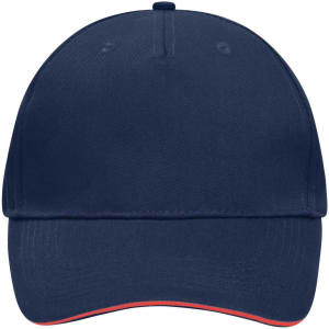A navy blue 5 Panel Sandwich Cap featuring an underbill in a contrasting colour and a logo on the front.