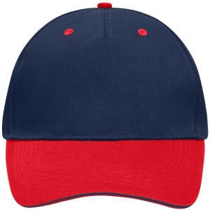 A navy blue and red 5 Panel Sandwich Cap featuring a structured design and a logo on the front.